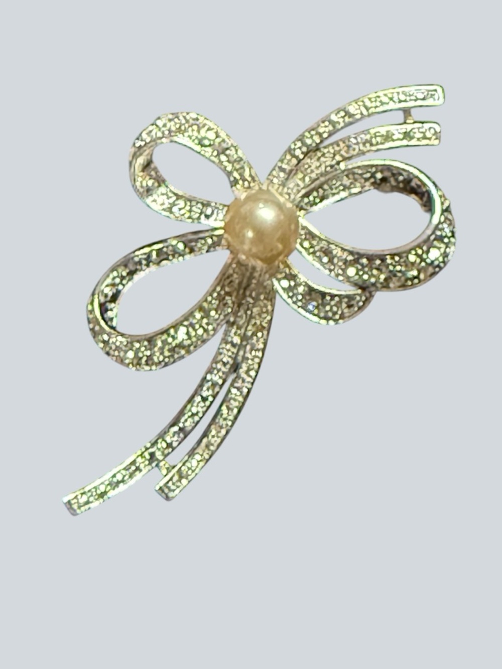 Vintage Rhinestone Faux pearl Bow Brooch